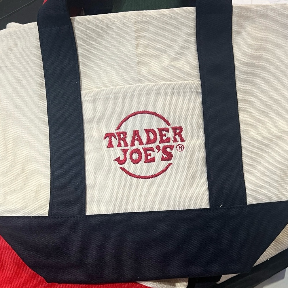 Trader Joe’s Mini Canvas Tote Bag (blue trim and cream white)